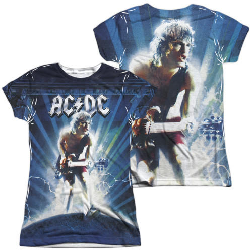 AC/DC Lightning (Front/Back Print) Junior Women's Sublimated Crew T-Shirt White