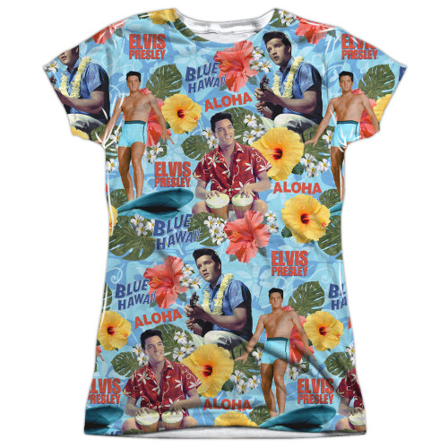 Elvis Presley Surf's Up (Front/Back Print) Junior Women's Sublimated Crew T-Shirt White