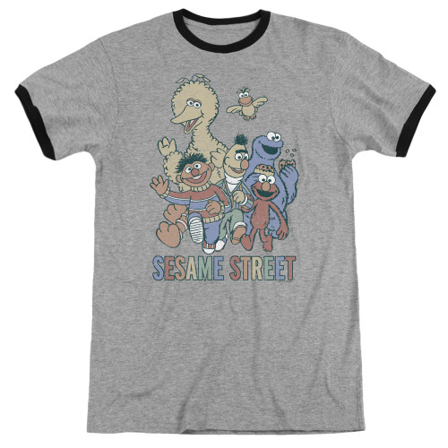 Sesame Street Colorful Group Adult Ringer T-Shirt Heather/Black