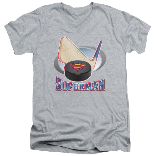 Superman Hockey Stick Adult V-Neck T-Shirt Athletic Heather