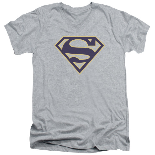 Superman Navy And Gold Shield Adult V-Neck T-Shirt Athletic Heather