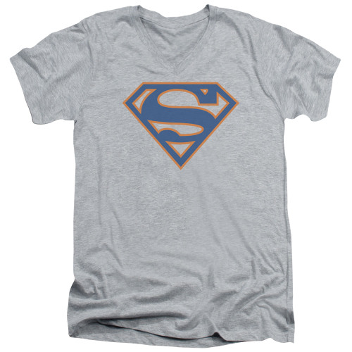 Superman Blue And Orange Shield Adult V-Neck T-Shirt Athletic Heather