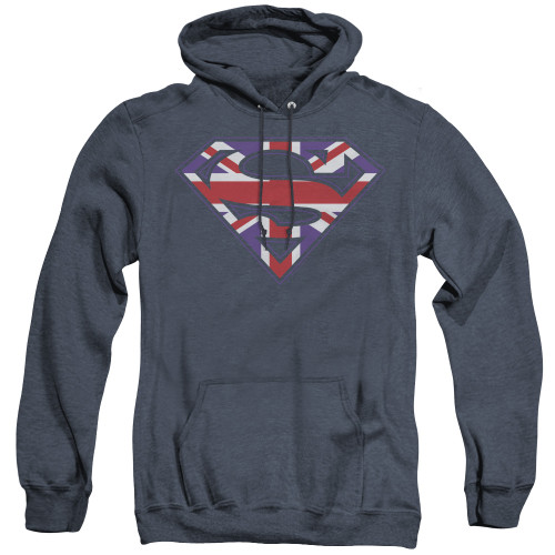 Superman Great Britian Shield Adult Heather Hoodie Sweatshirt Navy