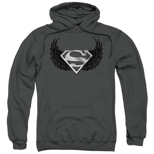 Superman Dirty Wings Adult Pullover Hoodie Sweatshirt Charcoal