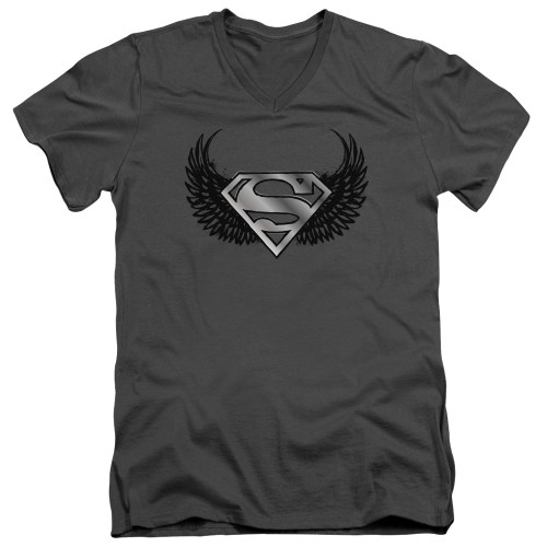 Superman Dirty Wings Adult V-Neck T-Shirt Charcoal