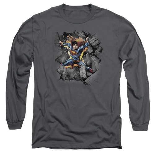 Superman Break On Through Adult Long Sleeve T-Shirt Charcoal