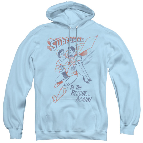 Superman To The Rescue Adult Pullover Hoodie Sweatshirt Light Blue