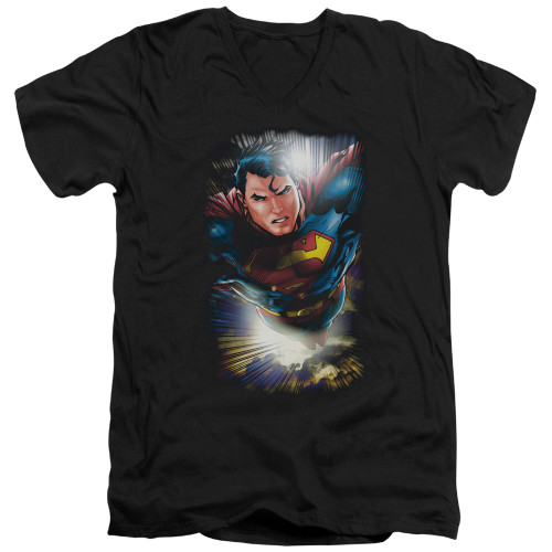 Superman In The Sky Adult V-Neck T-Shirt Black