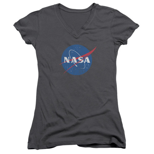 NASA Meatball Logo Distressed Junior Women's V-Neck T-Shirt Charcoal