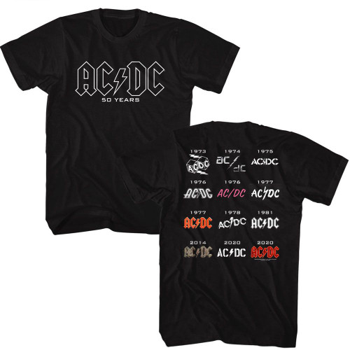 AC/DC 50 Years Logos Front Back Black T-Shirt