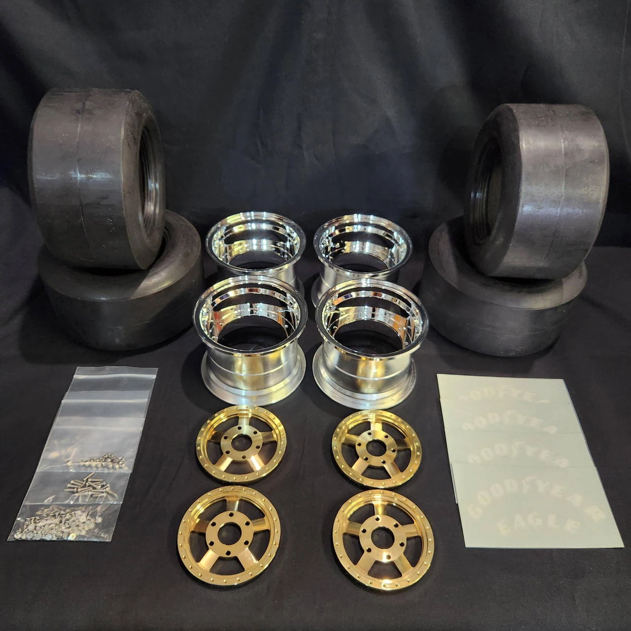 1/4 Scale 3" Inch Wheel & Tire Set 5 Spoke Gold / Chrome (4)