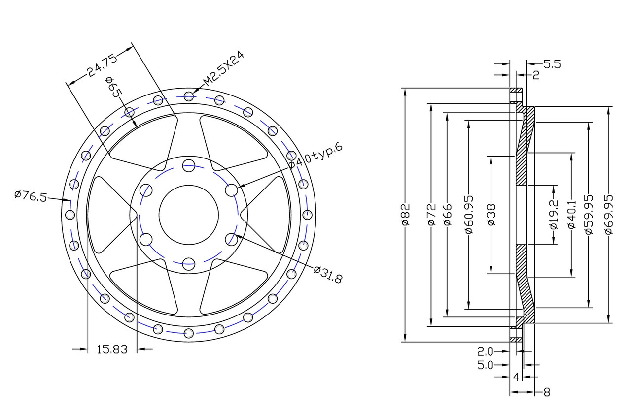 1/4 Scale 6 spoke Wheel Centre Gold Anodized Matt Finish (1)