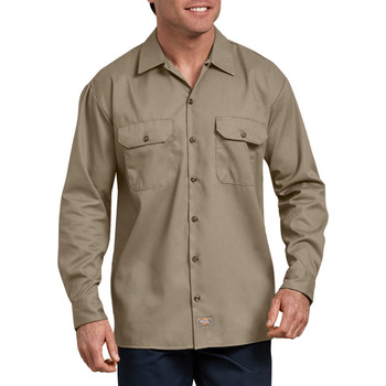 Khaki Dickies Men's FLEX - Relaxed Fit Long Sleeve Work Shirt