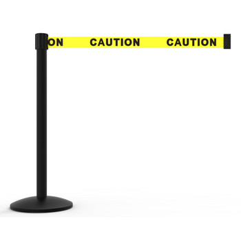 Banner Stakes 7' Retractable Belt Barrier Set with Base, Black Post and Yellow "Caution" Belt - AL6101B