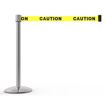 Banner Stakes 7' Retractable Belt Barrier Set with Base, Chrome Post and Yellow "Caution" Belt - AL6101C