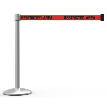 Banner Stakes 7' Retractable Belt Barrier Set with Base, Matte Post and Red "Restricted Area" Belt - AL6105M
