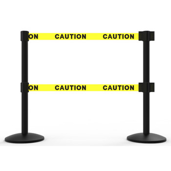 Banner Stakes 14' Dual Retractable Belt Barrier System with Bases, Black Posts and Yellow "Caution" Belts - AL6201B-D