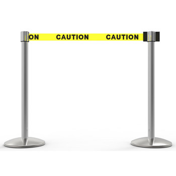 Banner Stakes 14' Retractable Belt Barrier System with Bases, Chrome Posts and Yellow "Caution" Belts - AL6201C