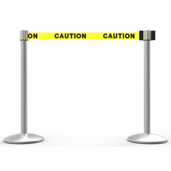 Banner Stakes 14' Retractable Belt Barrier System with Bases, Matte Posts and Yellow "Caution" Belts - AL6201M