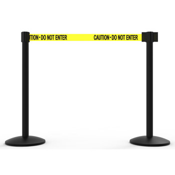 Banner Stakes 14' Retractable Belt Barrier System with Bases, Black Posts and Yellow "Caution - Do Not Enter" Belts - AL6202B