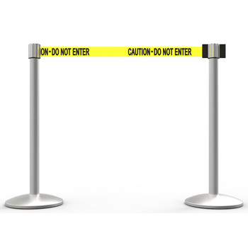Banner Stakes 14' Retractable Belt Barrier System with Bases, Matte Posts and Yellow "Caution - Do Not Enter" Belts - AL6202M