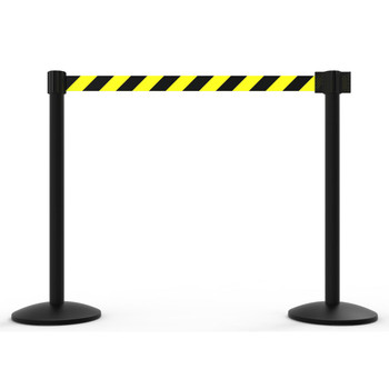 Banner Stakes 14' Retractable Belt Barrier System with Bases, Black Posts and Yellow/Black Diagonal Stripe Belts - AL6203B