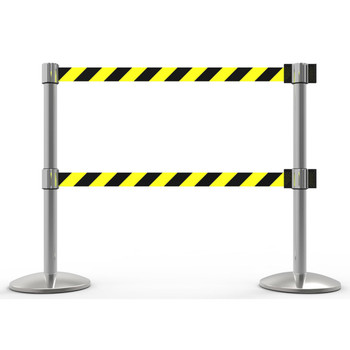 Banner Stakes 14' Dual Retractable Belt Barrier System with Bases, Chrome Posts and Yellow/Black Diagonal Stripe Belts - AL6203C-D