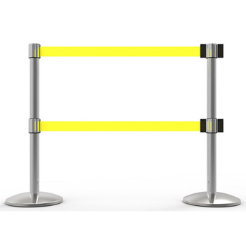 Banner Stakes 14' Dual Retractable Belt Barrier System with Bases, Chrome Posts and Blank Yellow Belts - AL6204C-D