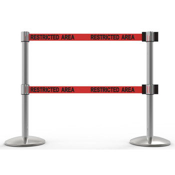 Banner Stakes 14' Dual Retractable Belt Barrier System with Bases, Chrome Posts and Red "Restricted Area" Belts - AL6205C-D