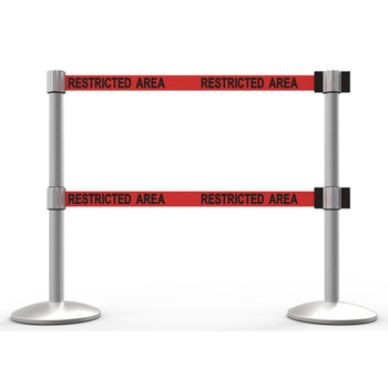 Banner Stakes 14' Dual Retractable Belt Barrier System with Bases, Matte Posts and Red "Restricted Area" Belts - AL6205M-D