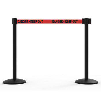 Banner Stakes 14' Retractable Belt Barrier System with Bases, Black Posts and Red "Danger - Keep Out" Belts - AL6206B