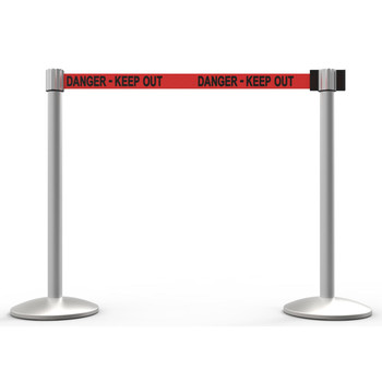 Banner Stakes 14' Retractable Belt Barrier System with Bases, Matte Posts and Red "Danger - Keep Out" Belts - AL6206M