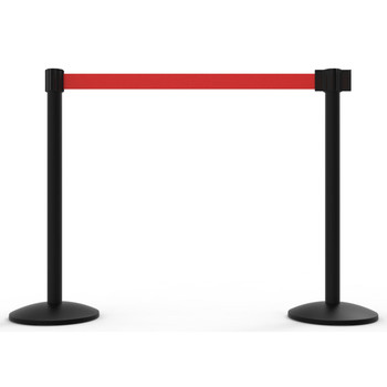 Banner Stakes 14' Retractable Belt Barrier System with Bases, Black Posts and Blank Red Belts - AL6207B