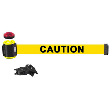 Banner Stakes 15' Wall-Mount Retractable Belt with Red Strobe Light, Yellow "Caution" - MH1501L