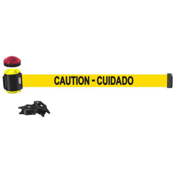 Banner Stakes 15' Wall-Mount Retractable Belt with Red Strobe Light, Yellow "Caution - Cuidado" - MH1503L