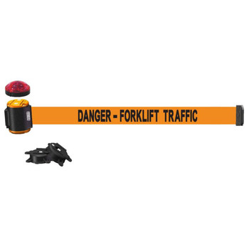 Banner Stakes 15' Wall-Mount Retractable Belt with Red Strobe Light, Orange "Danger - Forklift Traffic" - MH1513L