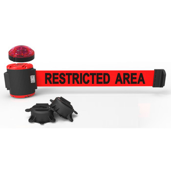 Banner Stakes 30' Wall-Mount Retractable Belt with Red Strobe Light, Red "Restricted Area" - MH5008L