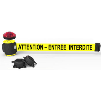 Banner Stakes 30' Wall-Mount Retractable Belt with Red Strobe Light, Yellow "ATTENTION – ENTRÉE INTERDITE" - MH5016L