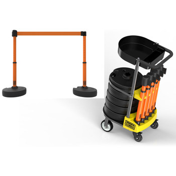 Banner Stakes 75' Barrier System with 1-Tray Cart, 5 Bases, Retractable Belts and Posts; Blank Orange Belt - PL4000-OT