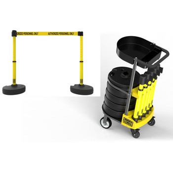 Banner Stakes 75' Barrier System with 1-Tray Cart, 5 Bases, Retractable Belts and Posts; Yellow "Authorized Personnel Only" - PL4004T