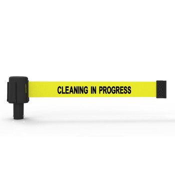 Banner Stakes 15' Long Retractable Barrier Belt, Yellow "Cleaning in Progress"; Pack of 5 - PL4035