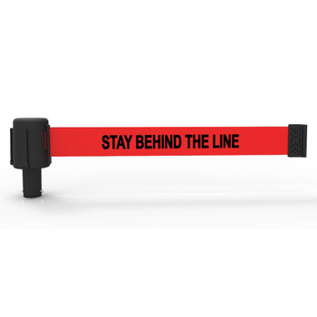 Banner Stakes 15' Long Retractable Barrier Belt, Red "Stay Behind The Line"; Pack of 5 - PL4051