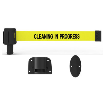 Banner Stakes 15' Wall-Mount Barrier System with Mounting Kit and Retractable Belt; Yellow "Cleaning in Progress" - PL4110