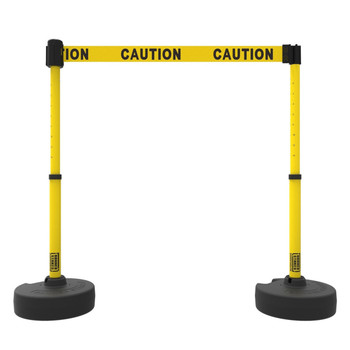 Banner Stakes 15' Barrier System with 2 Bases, Posts, Stakes and 1 Retractable Belt; Yellow Double-Sided "Caution" - PL4283