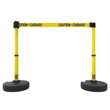 Banner Stakes 15' Barrier System with 2 Bases, Posts, Stakes and 1 Retractable Belt; Yellow "Caution - Cuidado" - PL4284