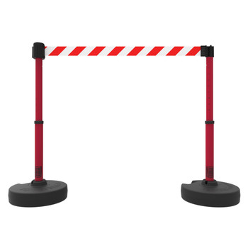 Banner Stakes 15' Barrier System with 2 Bases, Posts, Stakes and 1 Retractable Belt; Red/White Diagonal Stripe - PL4298