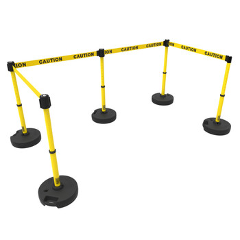 Banner Stakes 60' Barrier System with 5 Bases, Post, Stakes, and 4 Retractable Belts; Yellow "Caution" - PL4582