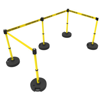 Banner Stakes 60' Barrier System with 5 Bases, Post, Stakes, and 4 Retractable Belts; Yellow "Authorized Personnel Only" - PL4587