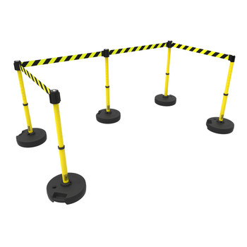 Banner Stakes 60' Barrier System with 5 Bases, Post, Stakes, and 4 Retractable Belts; Yellow/Black Diagonal Stripe - PL4591