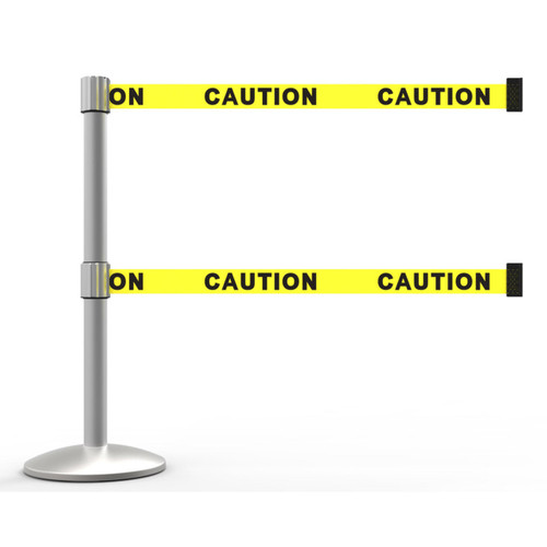 Banner Stakes 7' Dual Retractable Belt Barrier Set with Base, Matte Post and Yellow "Caution" Belt - AL6101M-D